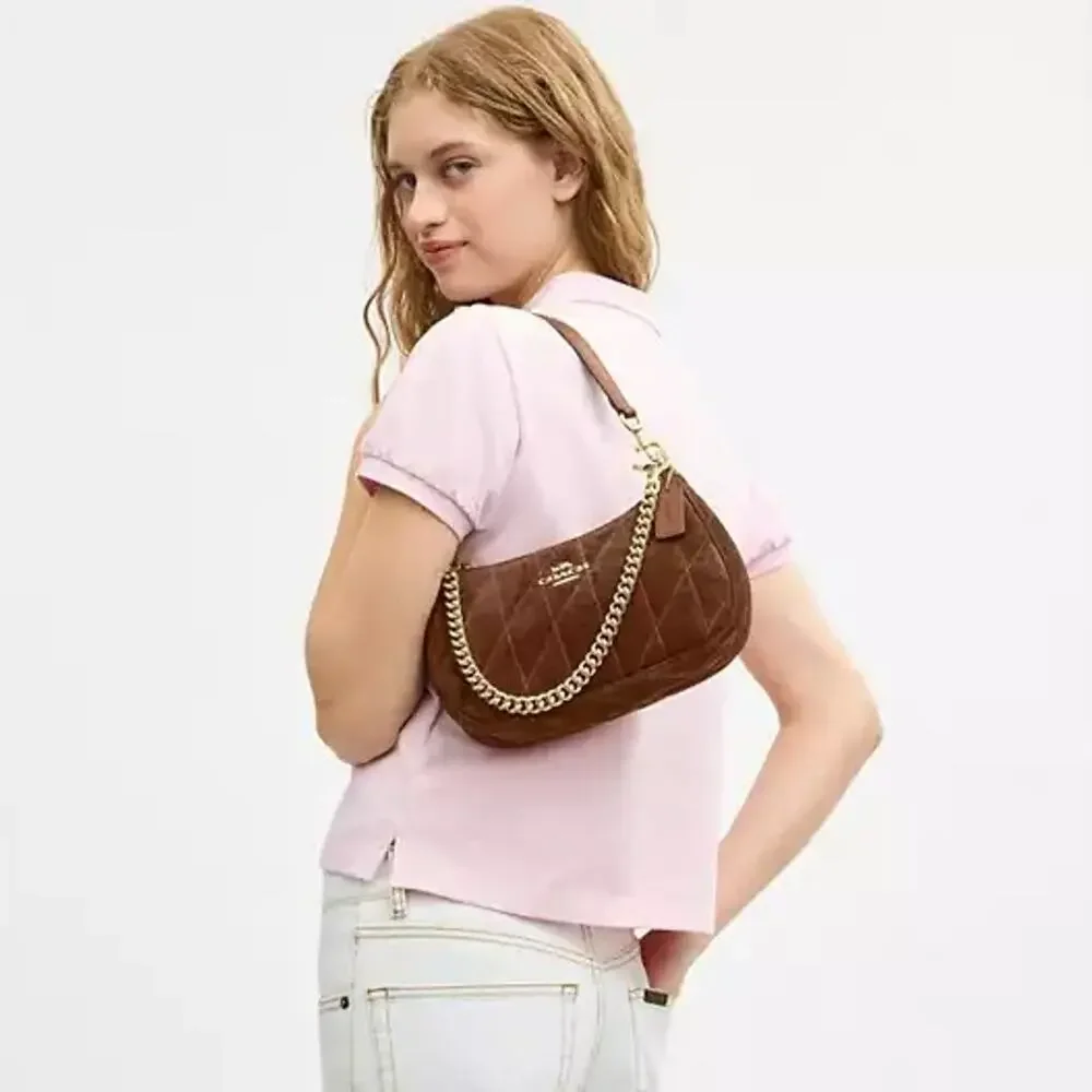 NEW‼️Coach Teri Shoulder Bag With Quilting CET35 suede/Gold/Warm Brown